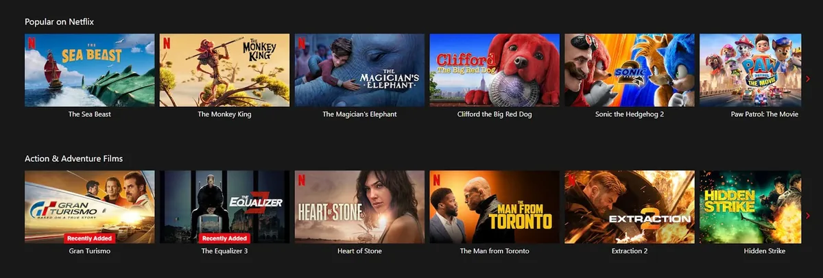 显示 Netflix 推荐电影的界面