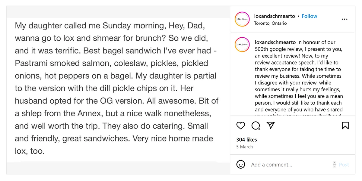 Lox + Schmear 的 Instagram 帖子,分享了一条好评如潮的 Google 评价。