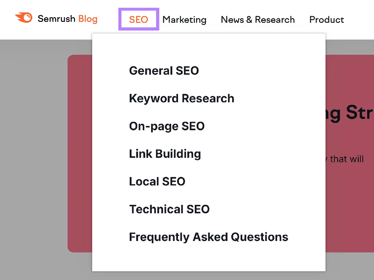 Semrush Blog 顶部导航已选中 SEO 选项,显示含子分类的下拉菜单