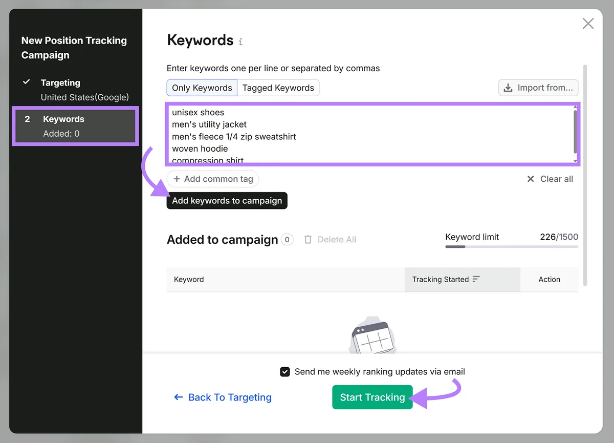 Position Tracking 设置界面，已输入关键词并突出显示 Start Tracking 按钮
