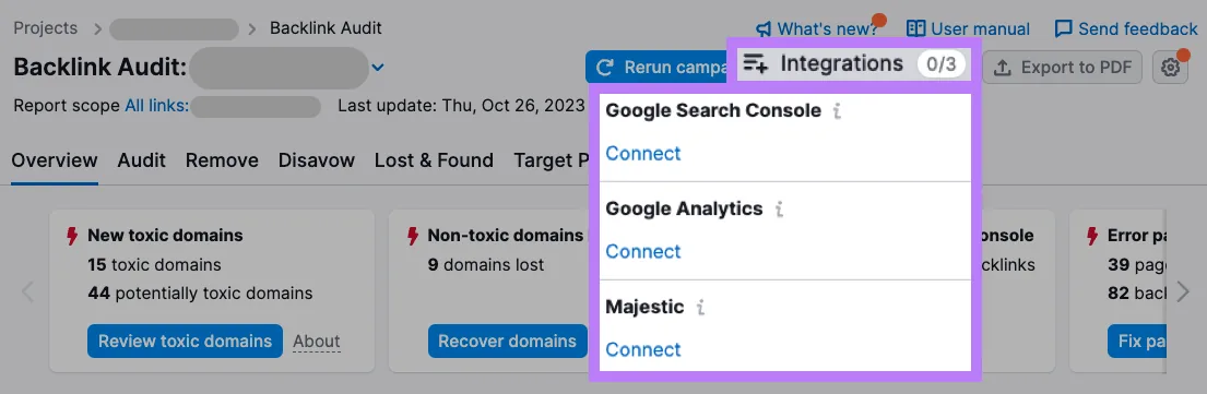 Backlink Audit 工具中的“Integrations”下拉菜单