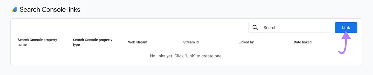 Search Console 的 links 页面,箭头指向 Link 按钮