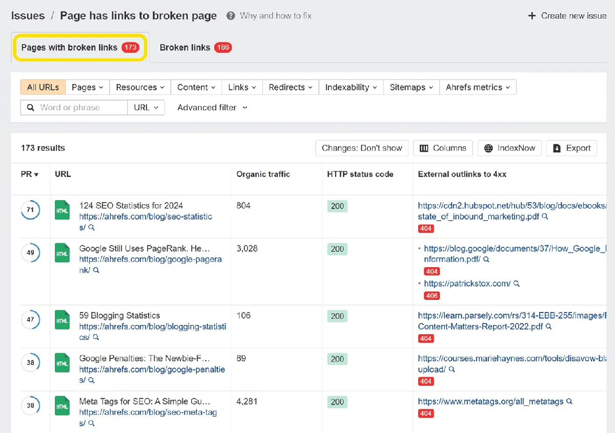 Ahrefs Site Audit 展示存在失效图片链接的页面