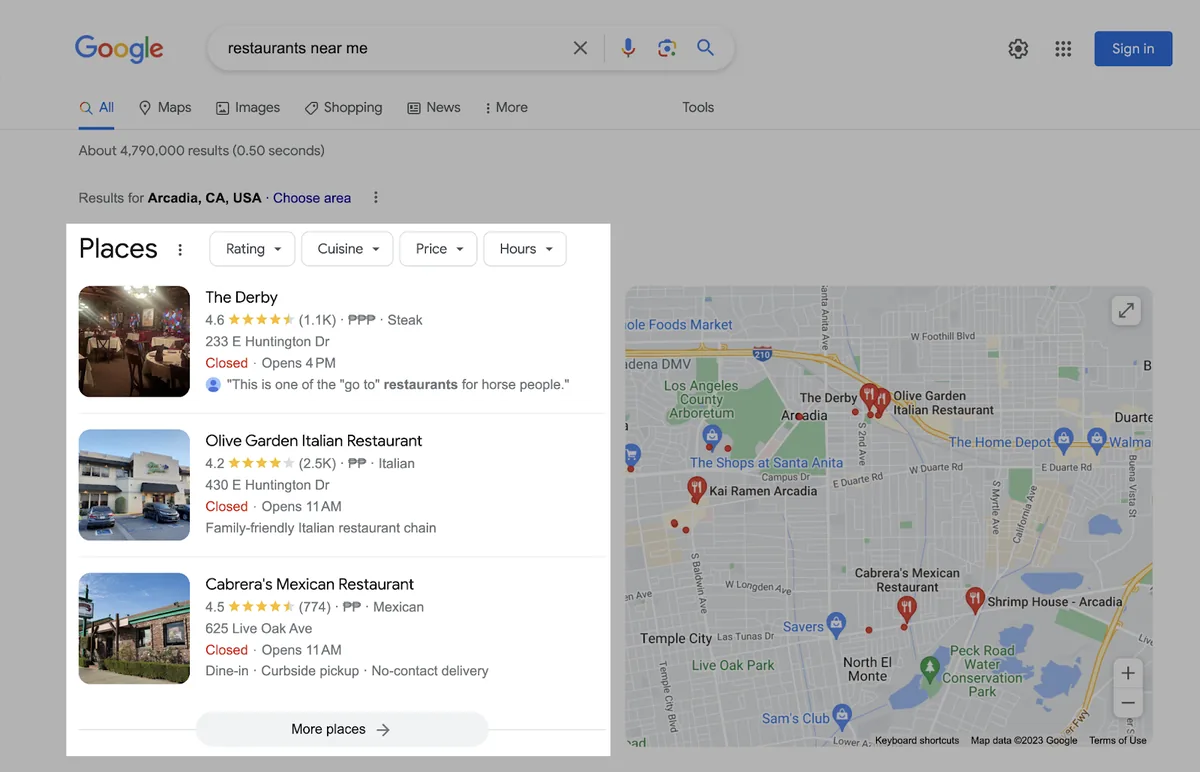 词条“restaurants near me”的 Google 搜索结果页面，本地包已高亮显示。