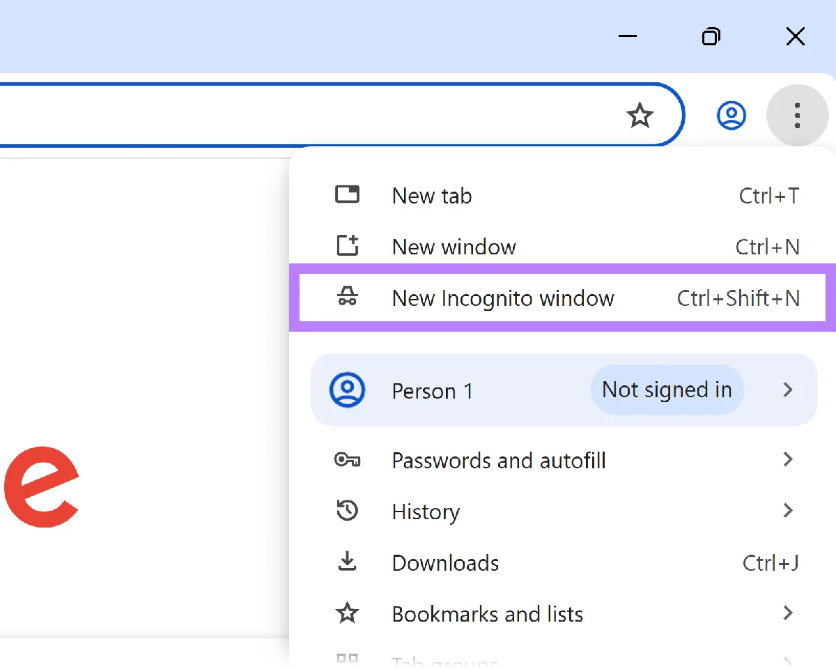 Chrome 浏览器菜单，“New Incognito window”选项周围有方框。
