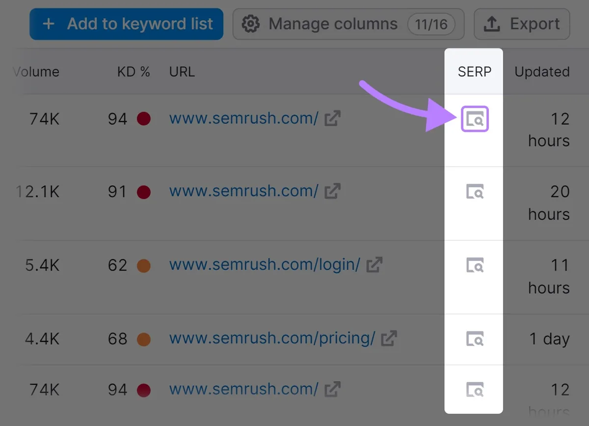 “SERP”列高亮显示
