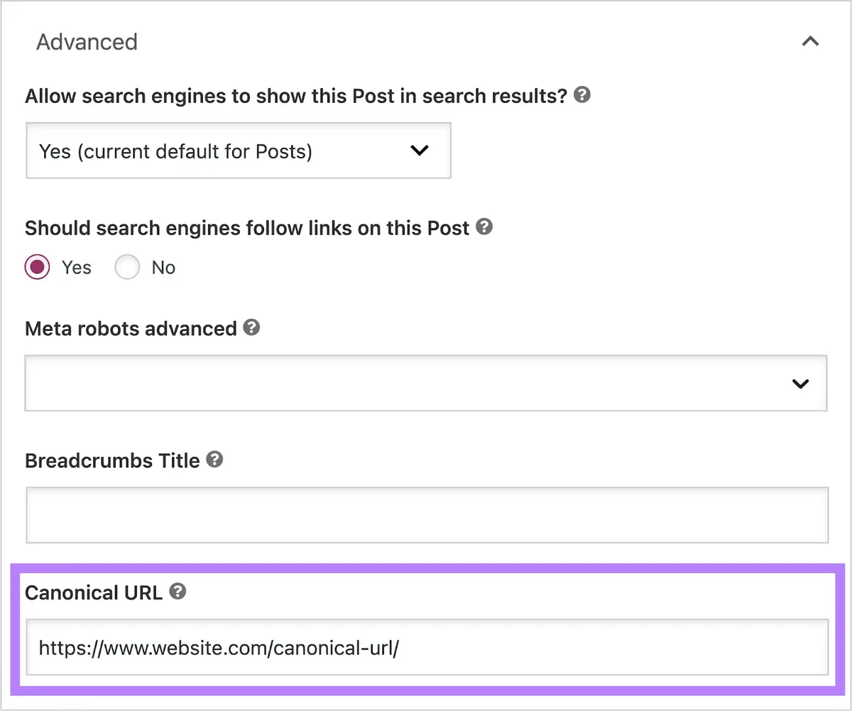 Yoast SEO 选项中的“高级”标签页