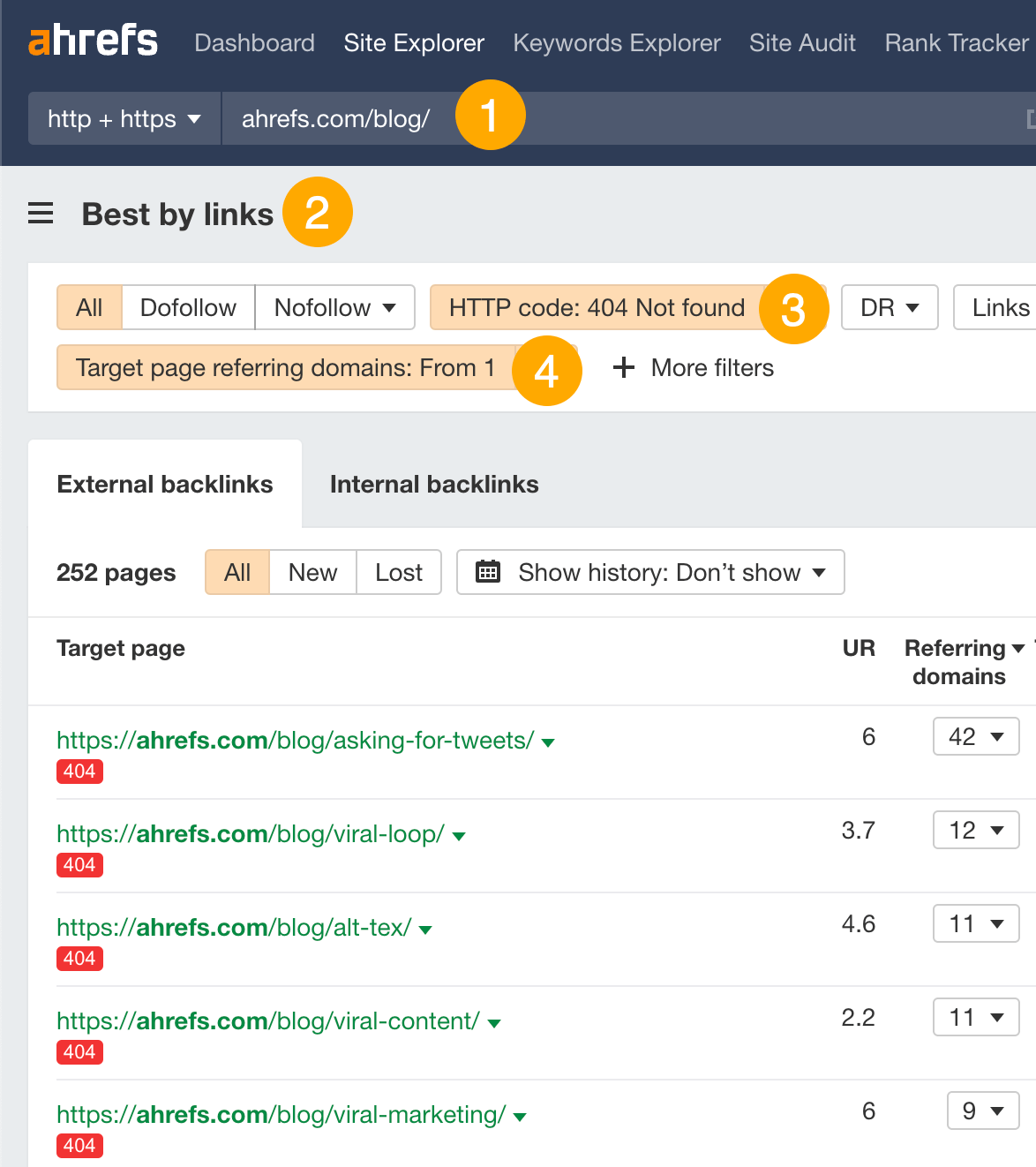 使用 Ahrefs 的 Site Explorer 中 Best by links 报告查找带反向链接的 404 页面