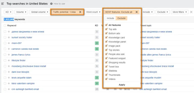 Keywords Explorer 中的 SERP features 筛选器