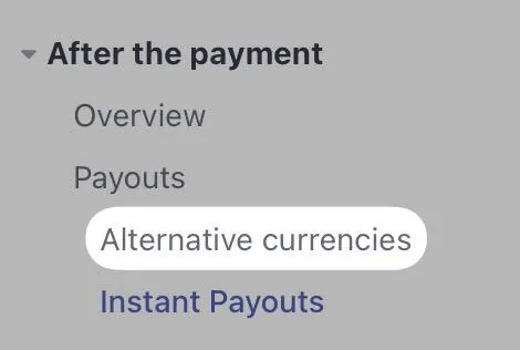 Stripe 的“付款后”页面,高亮“其他货币”链接