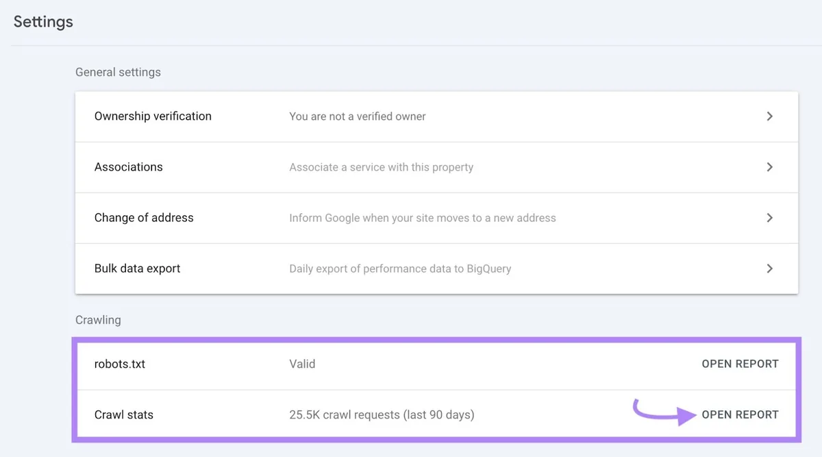 Google Search Console 的设置页面,高亮“Crawling”,并点击“Crawl stats”旁边的“Open Report”。