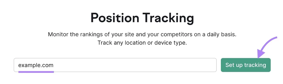 Position Tracking 工具起始页,已输入域名并点击“Set Up Tracking”。