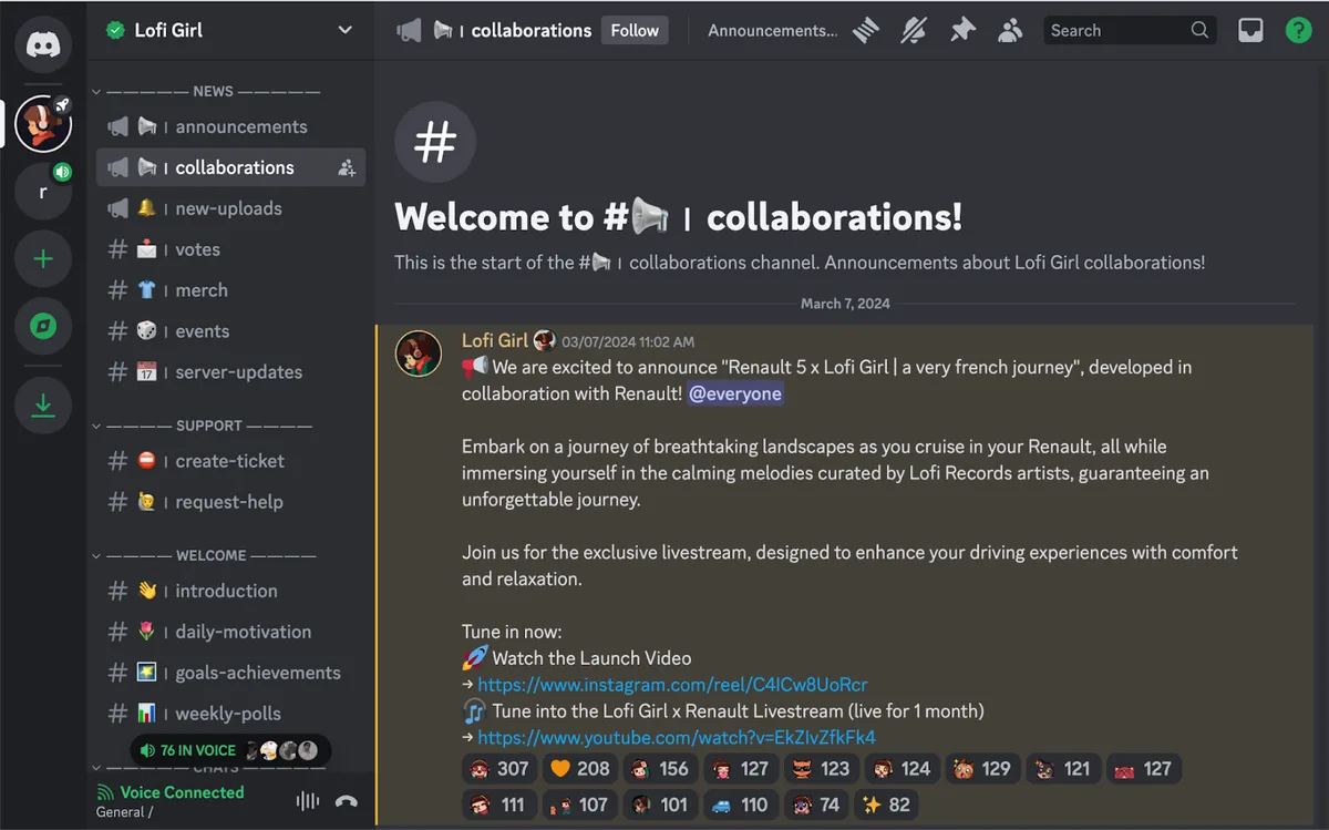 音乐频道服务器的 Discord 用户界面,包含各种会话线程