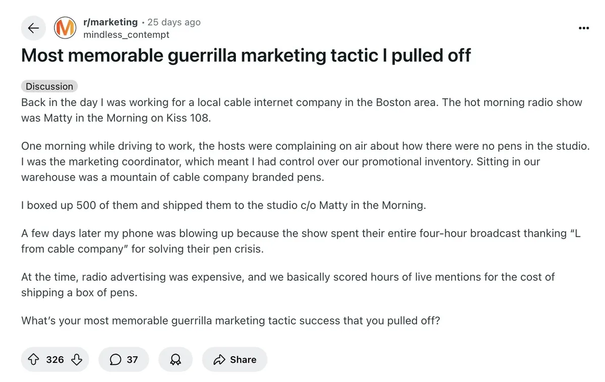 r/marketing 上分享一次意外成功的营销策略相关亲身经历的一篇帖子。