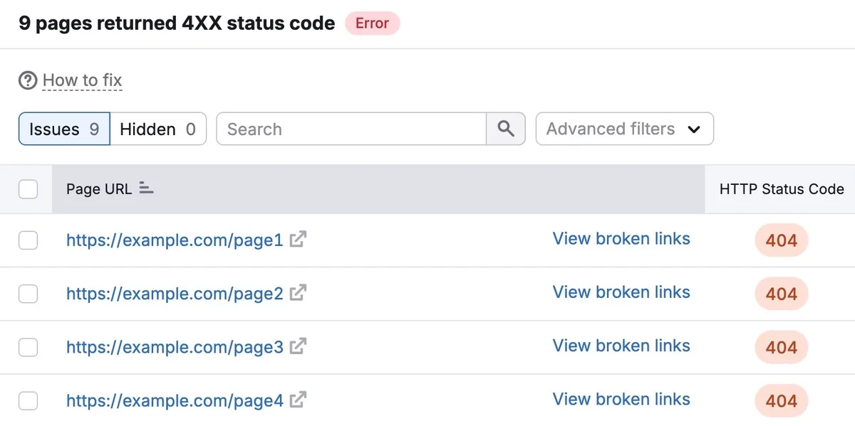 Site Audit 工具内显示的 4xx 状态码 URL 列表。