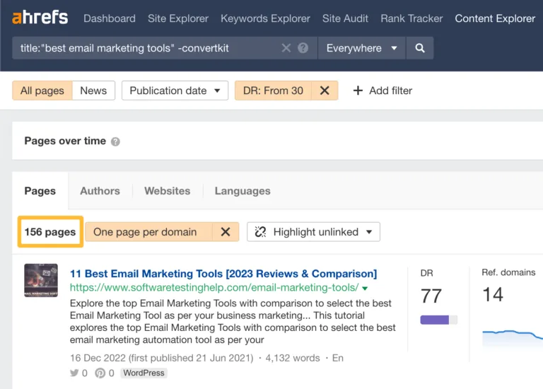 在 Ahrefs 的 Content Explorer 中用筛选器缩小结果范围