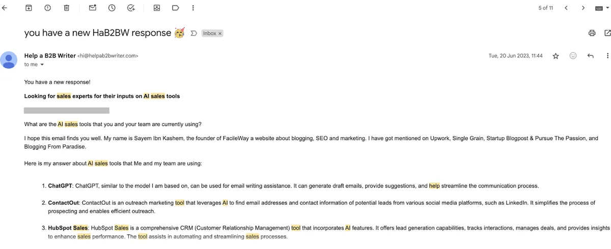 一位写作者通过“Help a B2B Writer”发送的邮件，就 AI 销售工具提供意见，含 ChatGPT、ContactOut 等详情。