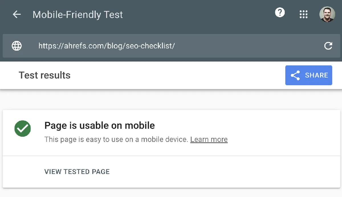 Google Mobile-Friendly Test 结果,显示页面在移动端可用