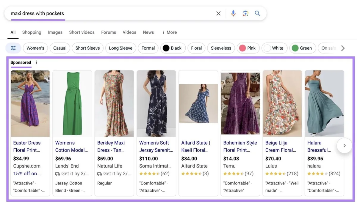 Google 搜索结果页面输入词条“maxi dress with pockets”，出现在顶部的购物广告已高亮显示。