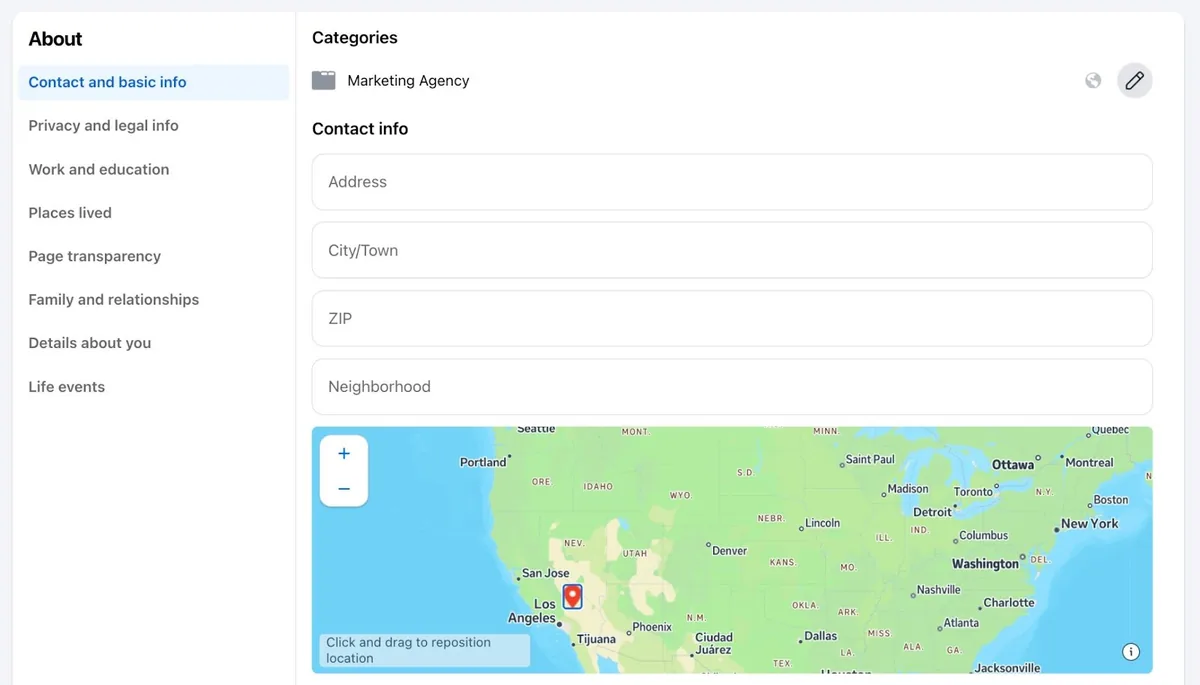 Facebook 上的“Page details”窗口,含编辑地址、营业时间、电话号码、类别等选项。