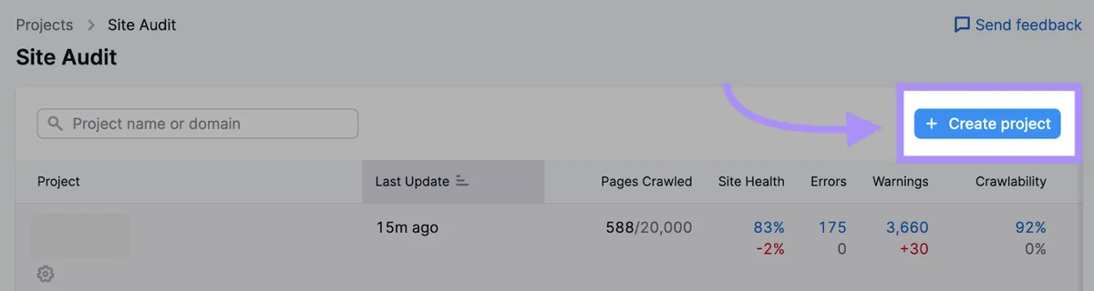 Site Audit 上的“Projects”页面,点击了“+ Create project”按钮。