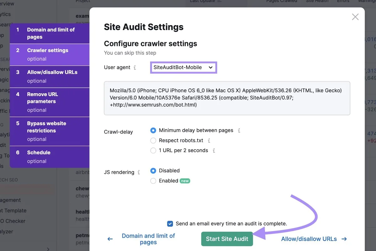 在 Site Audit 工具中配置爬虫设置