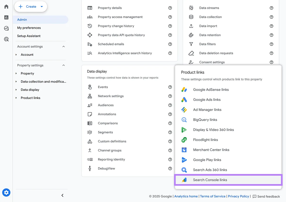 Google Analytics 管理面板,Product links 部分的 Search Console links 选项已高亮显示