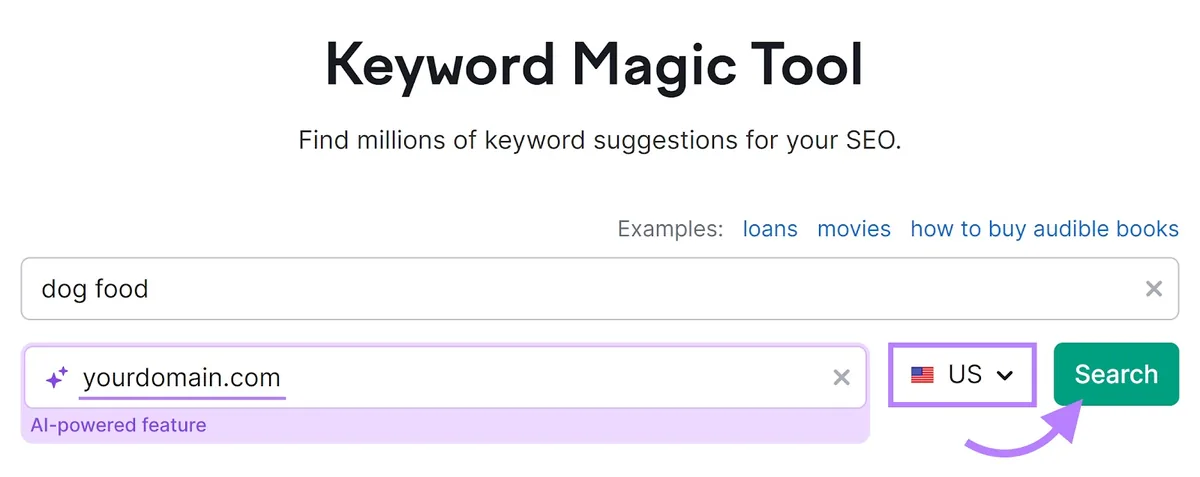 Keyword Magic Tool,AI 驱动功能、位置框和“Search”按钮已高亮显示。
