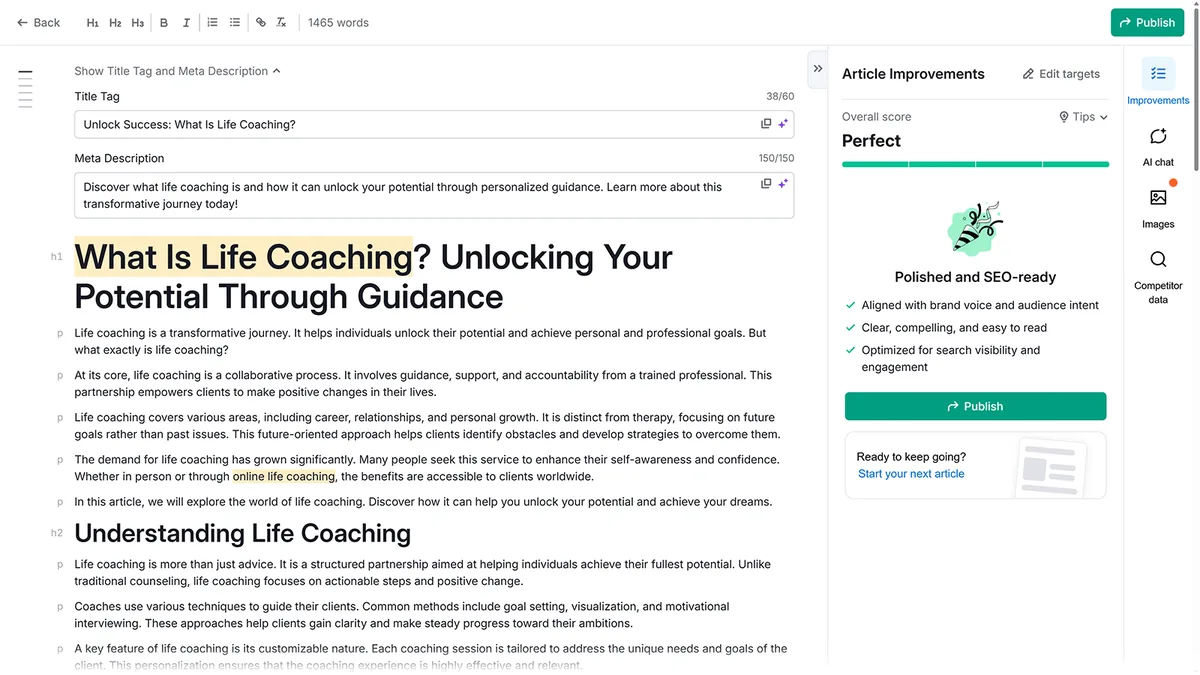 人生教练文章的编辑器视图,标记为“Perfect”,侧栏提示显示 SEO 就绪度