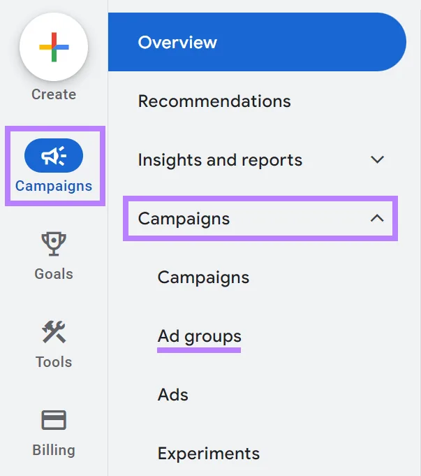 在 Google Ads 账号中导航至“广告组”