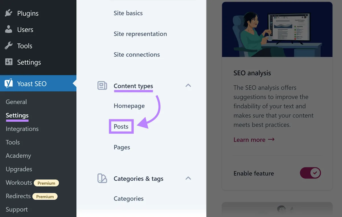 WordPress 中的 Yoast SEO 设置页面,箭头从“Content types”指向“Posts”子菜单项