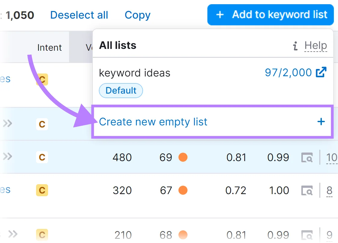 “Create a new list”按钮
