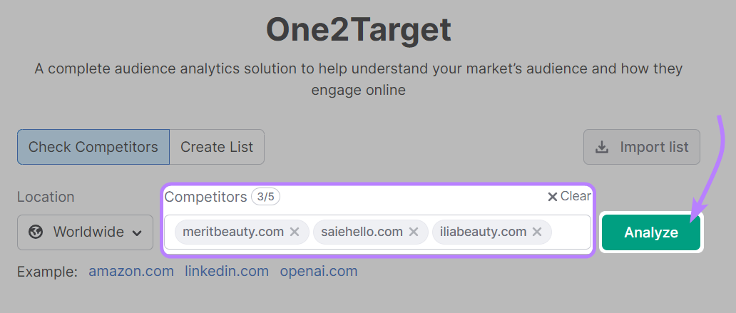 已在 One2Target 工具中输入竞品,Analyze 按钮高亮