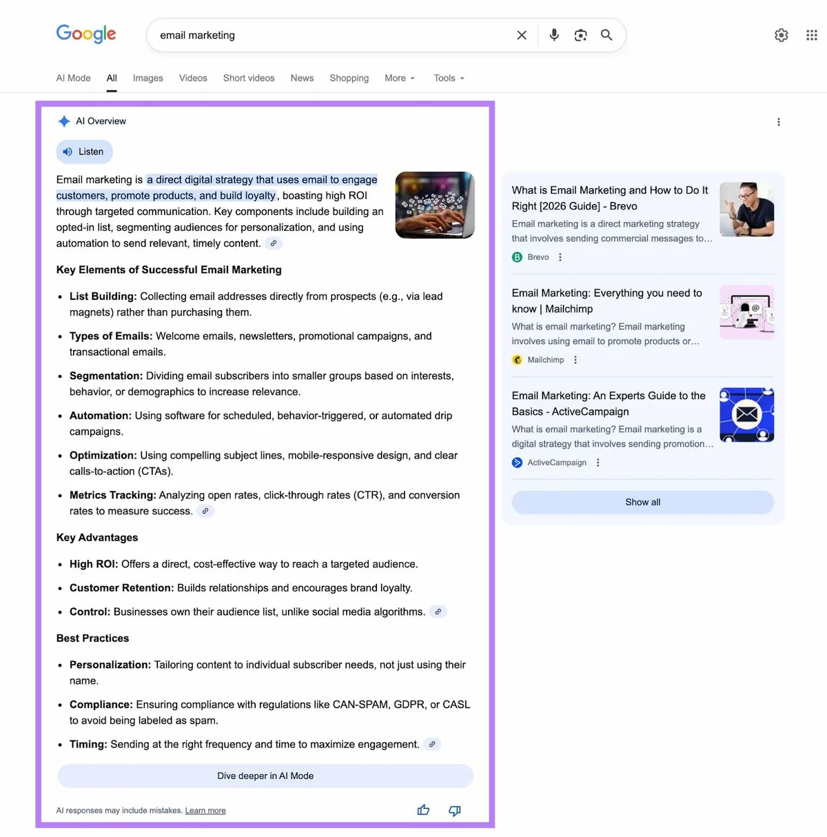 面向“email marketing”一词的 AI 概览,包含定义、关键要素、优势和最佳实践等完整回答。