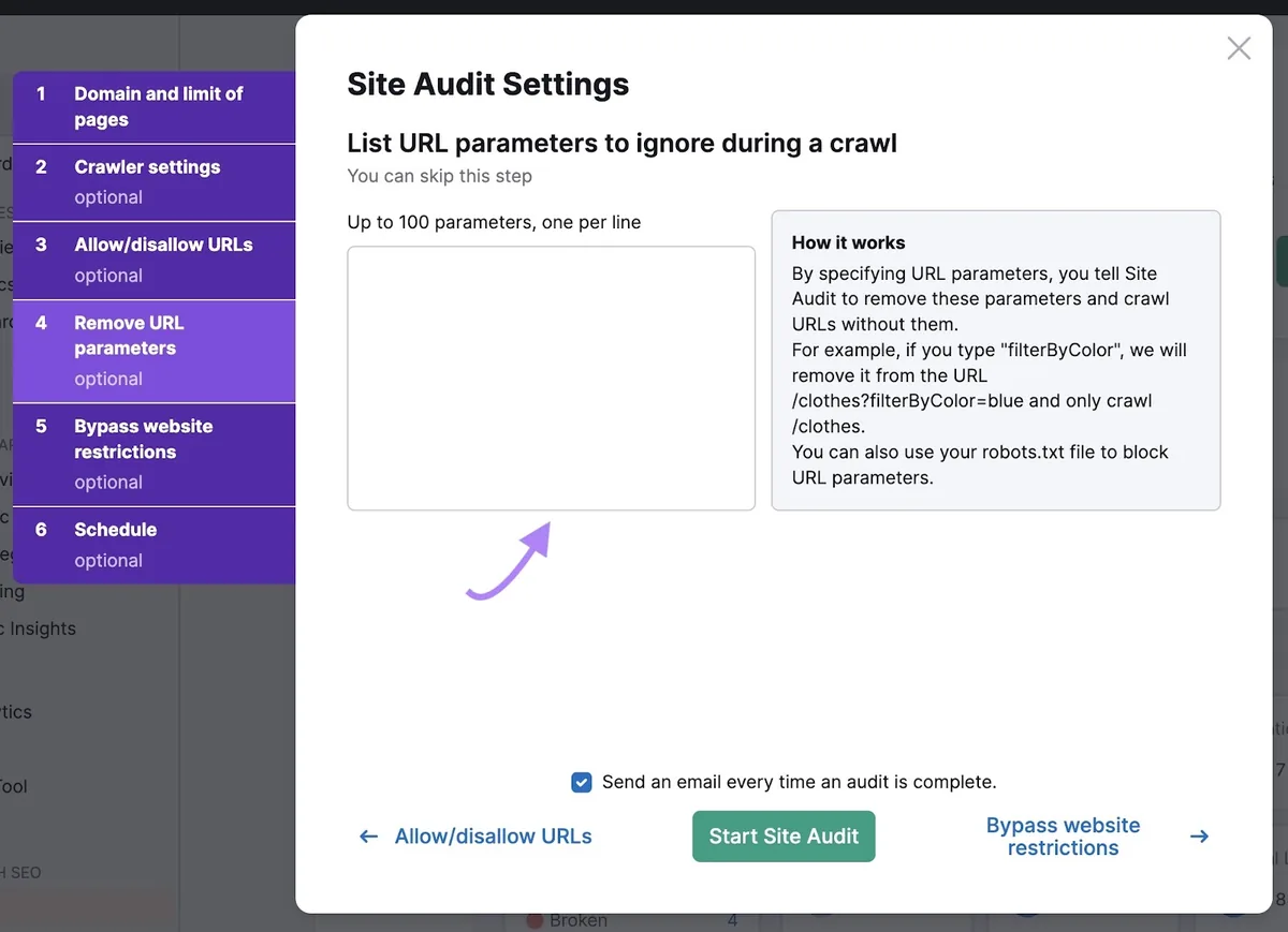 Site Audit 上的移除 URL 参数设置页面,用于列出抓取期间要忽略的 URL 参数。