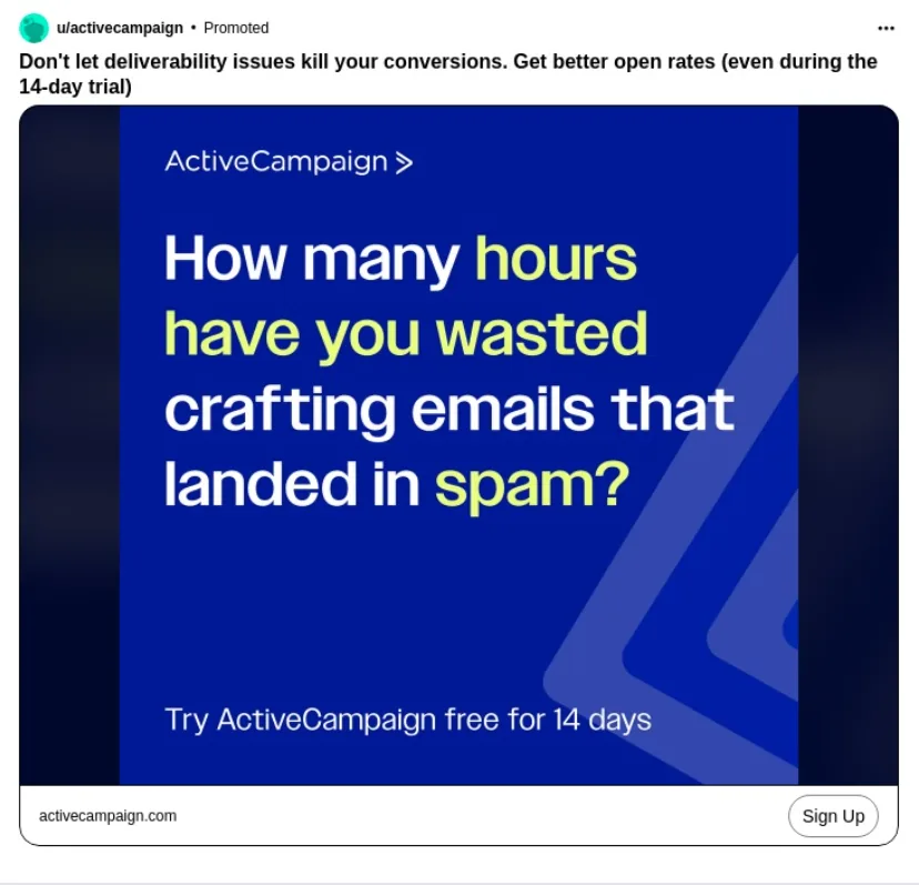 ActiveCampaign 在 Reddit 上的展示广告,直击常见痛点。