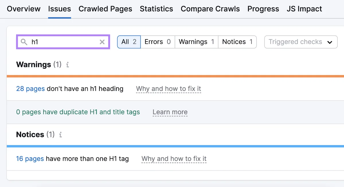 Site Audit 的“Issues”标签页中“h1”的结果
