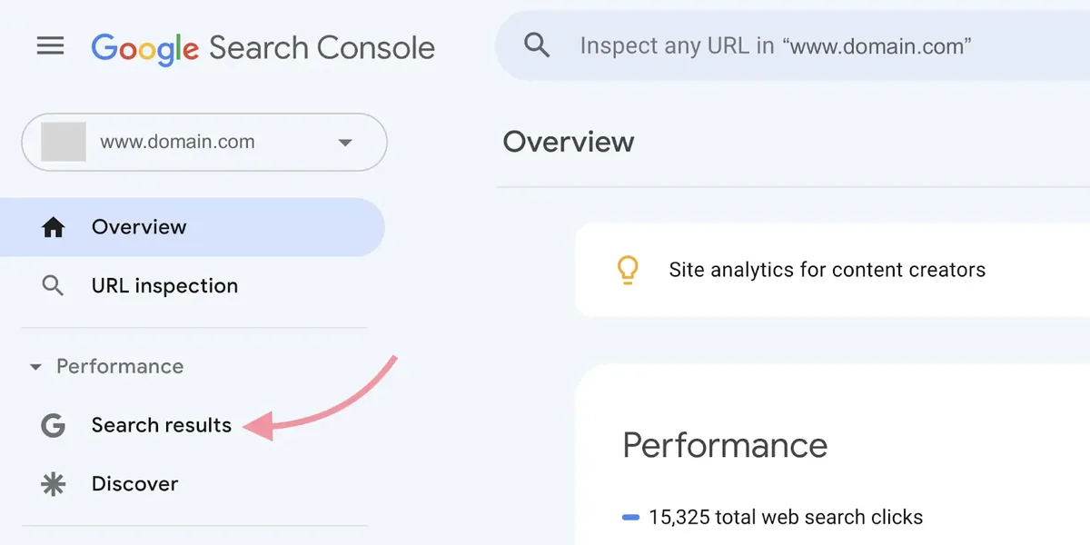 Google Search Console 仪表板,箭头指向 Performance 下的 Search results 选项。