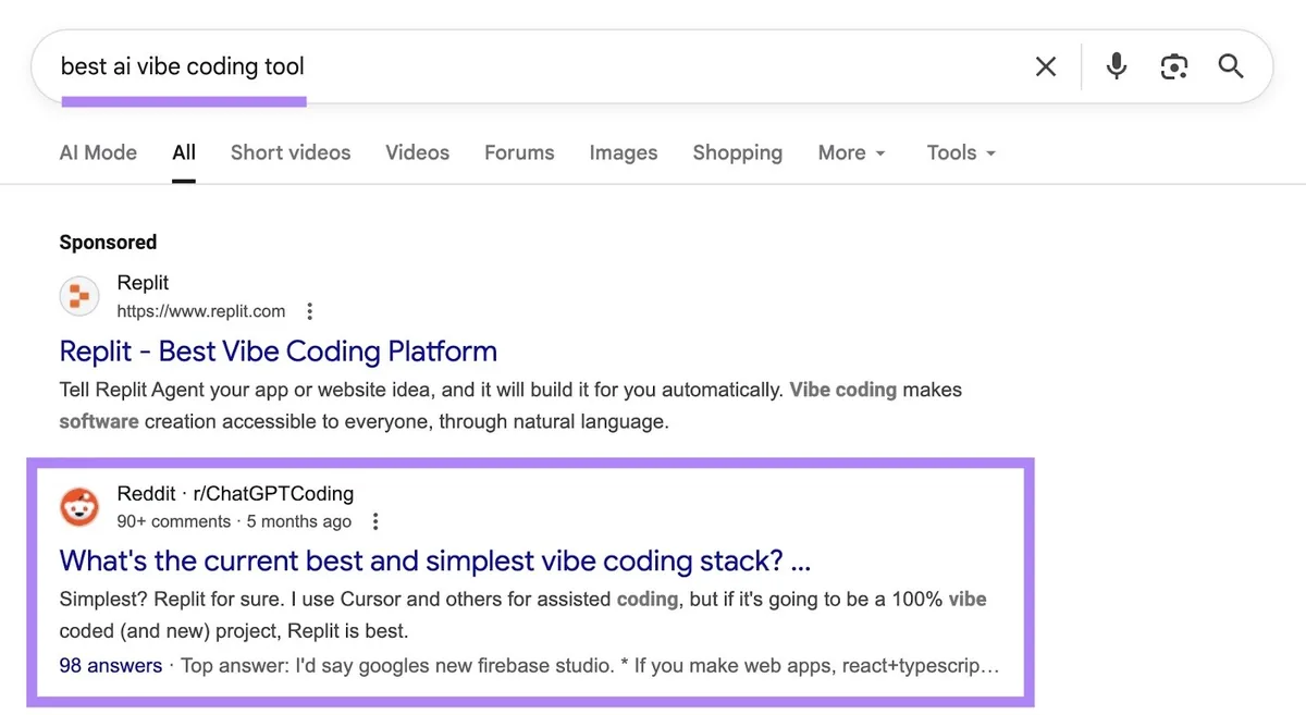 词条“best ai vibe coding tool”的 Google 搜索结果页面,一个 Reddit 帖子显示为顶部自然结果。