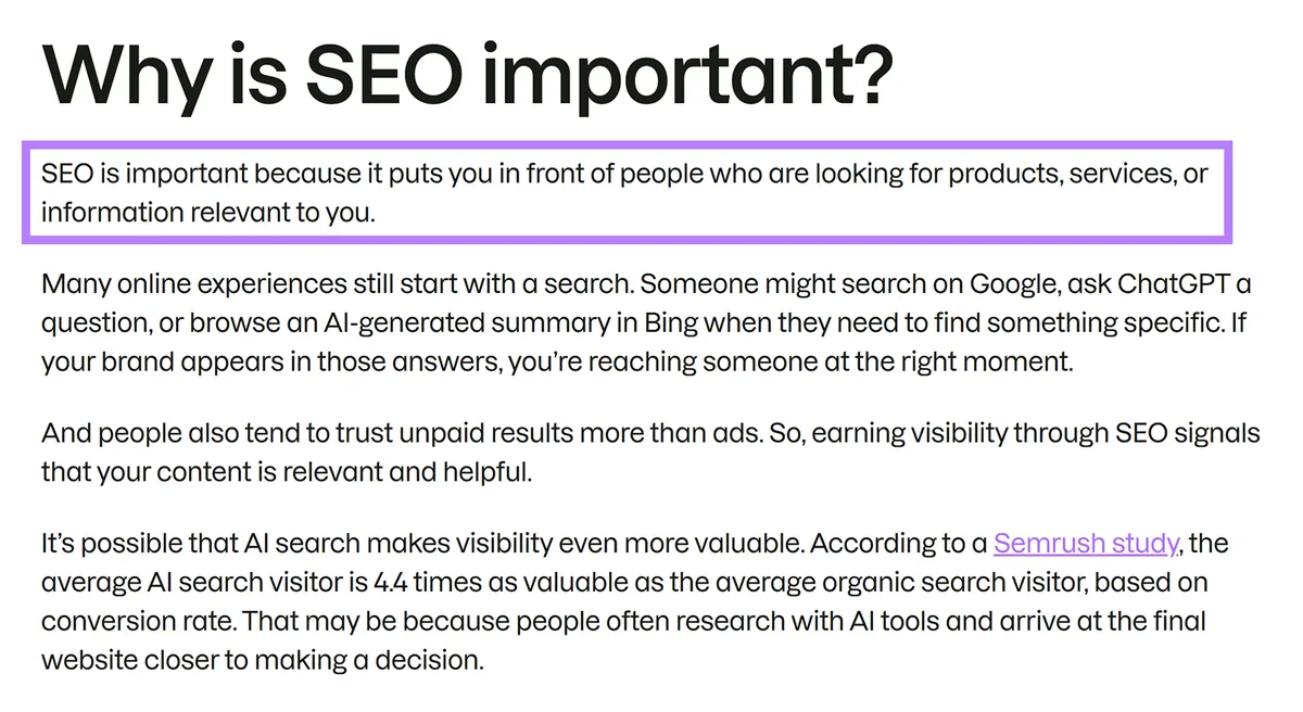 回答“Why is SEO important?”的文章板块,主要答案在顶部高亮