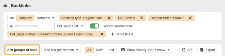 在 Ahrefs 的 Site Explorer 的“反向链接”报告中筛选强反向链接