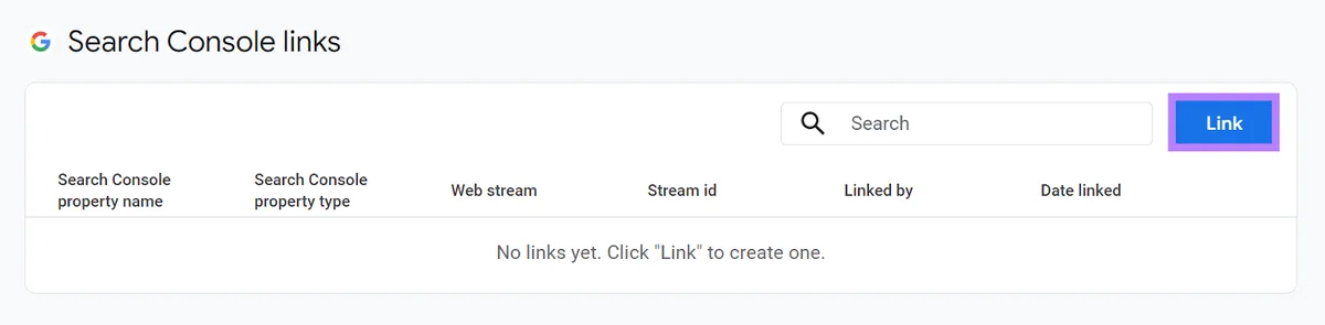 Search Console 的 Links 页面突出显示 Link 按钮。