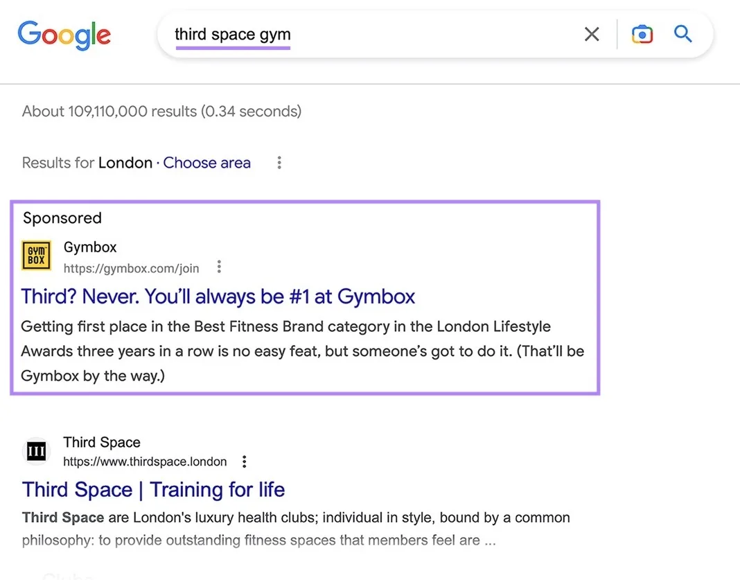“third space gym”搜索的 Google 搜索结果页面，Gymbox 的 PPC 广告显示为第一条结果