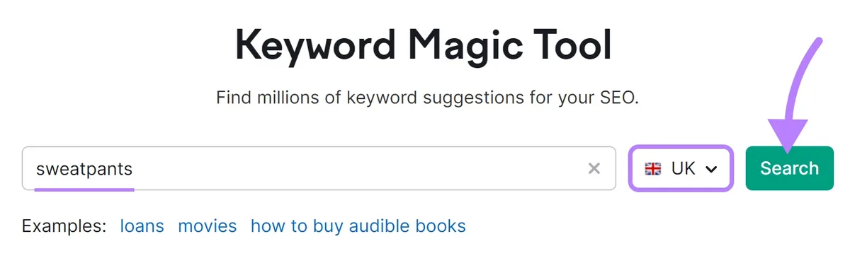 在 Keyword Magic Tool 搜索栏中输入的“sweatpants.com”