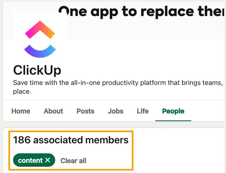 ClickUp 在 LinkedIn 上的员工,按提及 content 筛选