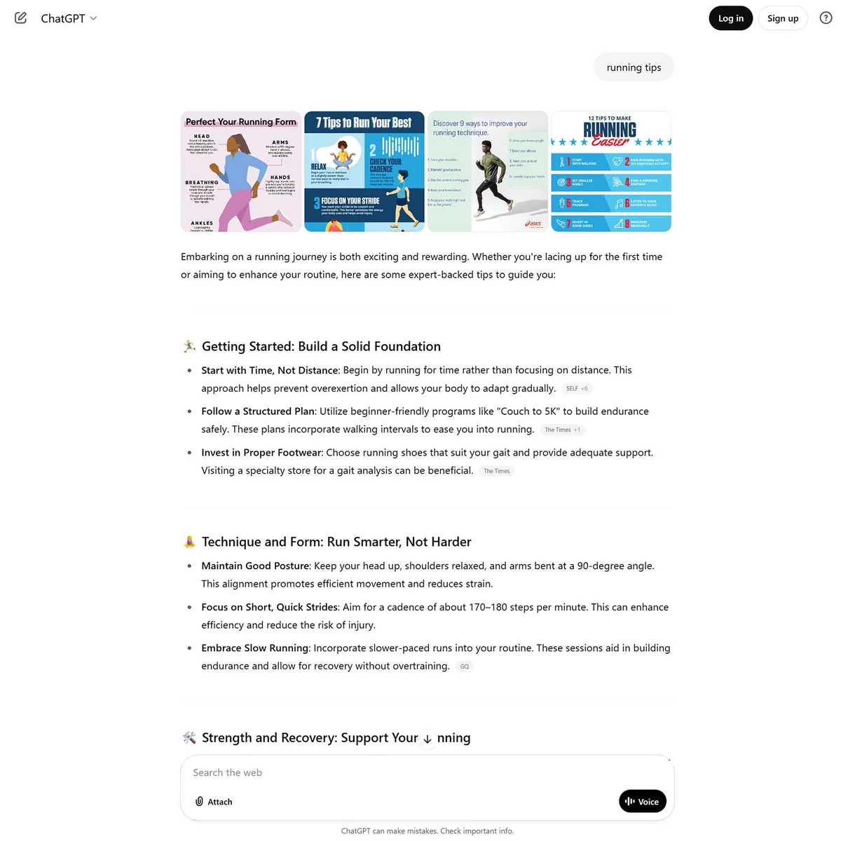 ChatGPT 以结构化列表展示有专家背书的跑步建议,在姿势和恢复等板块上方配有图示。