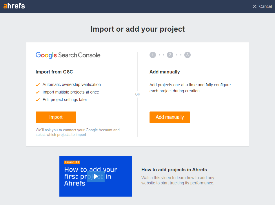 Ahrefs Site Audit 中导入/添加项目页面的截图