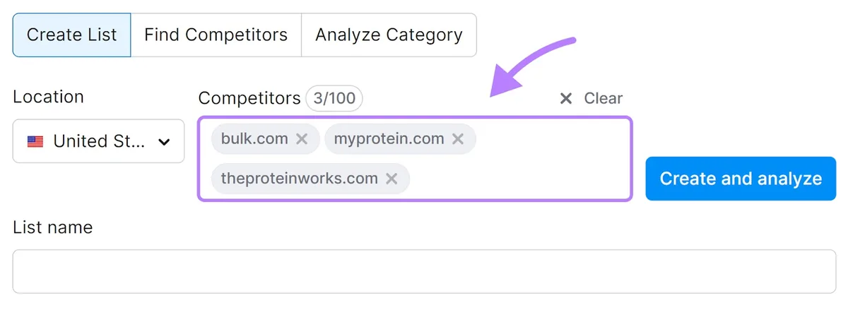 在“Competitors”框中输入的“bulk.com”、“myprotein.com”和“theproteinworks.com”