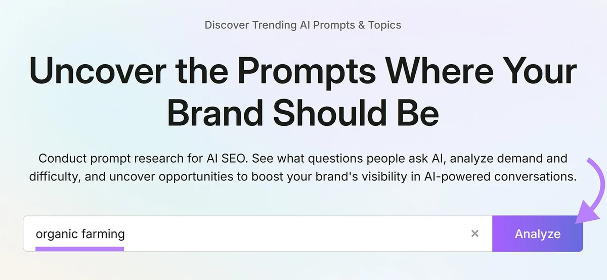 Semrush Prompt Research Tool 已输入“organic farming”,突出显示 Analyze 按钮