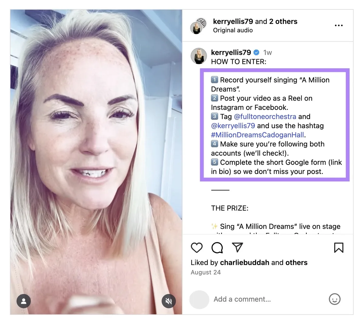 Kerry Ellis 在 Instagram 上开展的 UGC 活动,激励关注者创作内容以有机会赢取奖品。